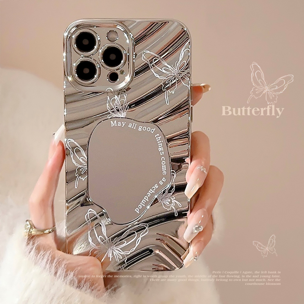 Luxury Plating Case - Luxe zilveren gegolfde plating make-up spiegel