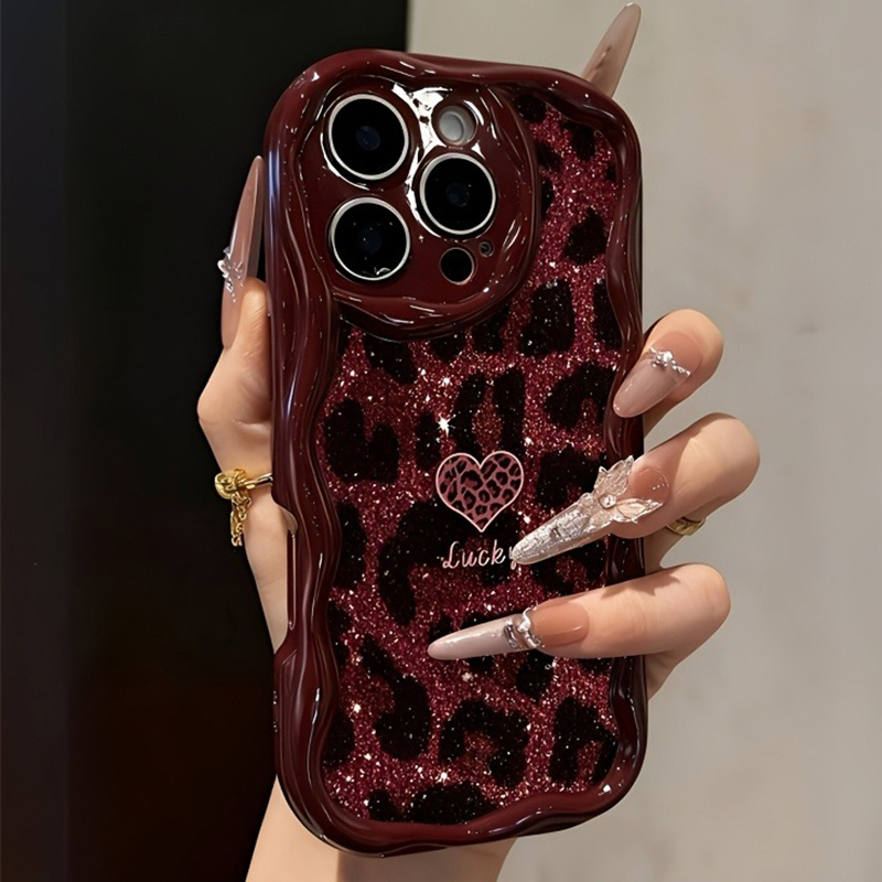Phone Cases Junk - Wijnrode luipaardprint hartpatroon golvende rand siliconen