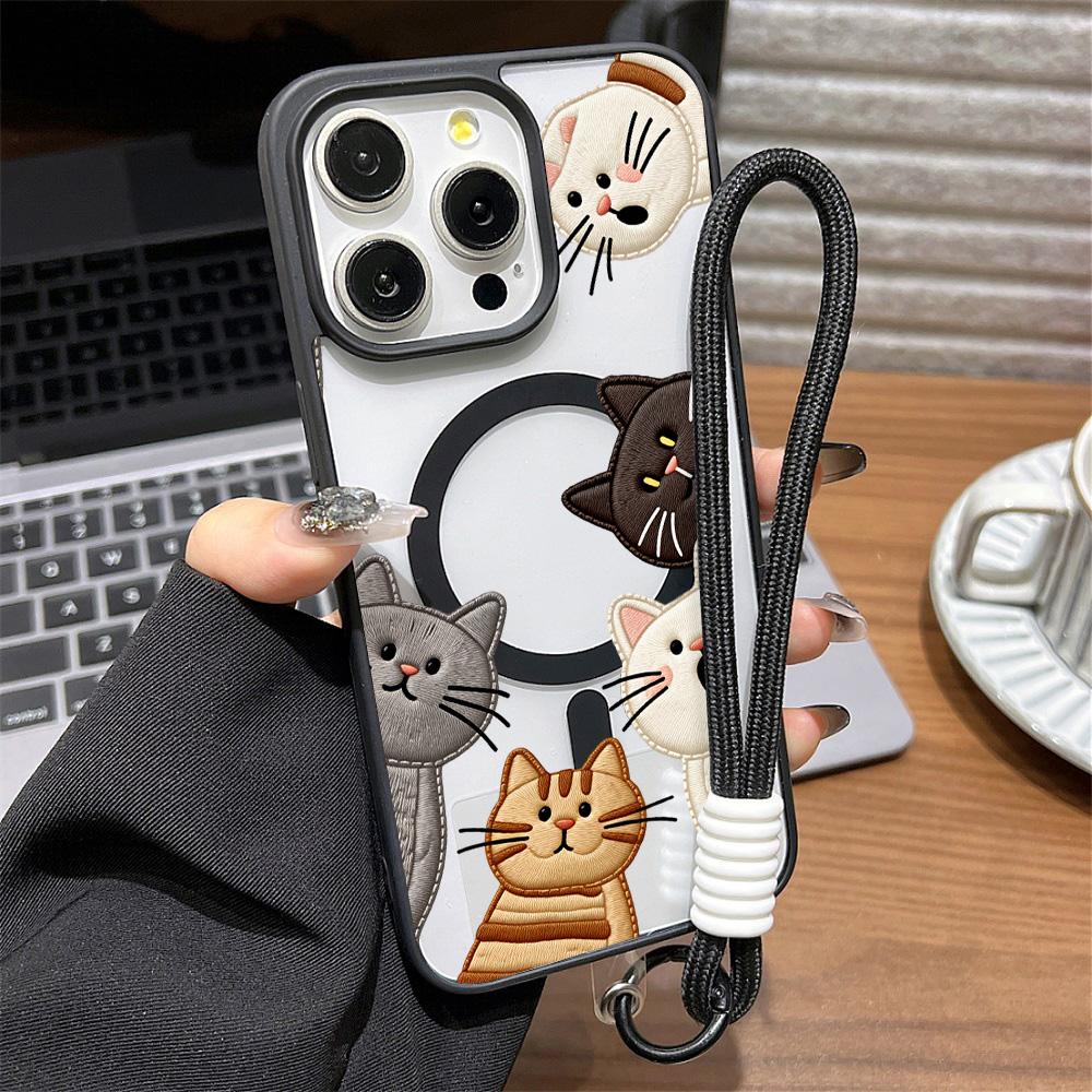 Phone Cases Iphone 12 - Schattig nep-borduurwerk katten telefoonhoesje voor iPhone